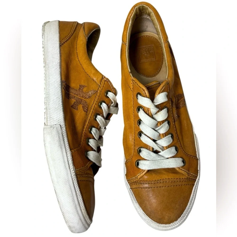 Frye Kira Distressed Branded Leather Low Top Sneakers Sz 10